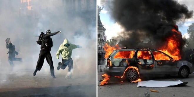 صورة مركبة تظهر في الجانب الأيسر متظاهرين وسط الغاز المسيل للدموع، وفي الجانب الأيمن سيارة محترقة يتصاعد منها دخان أسود كثيف خلال احتجاجات في أوروبا.